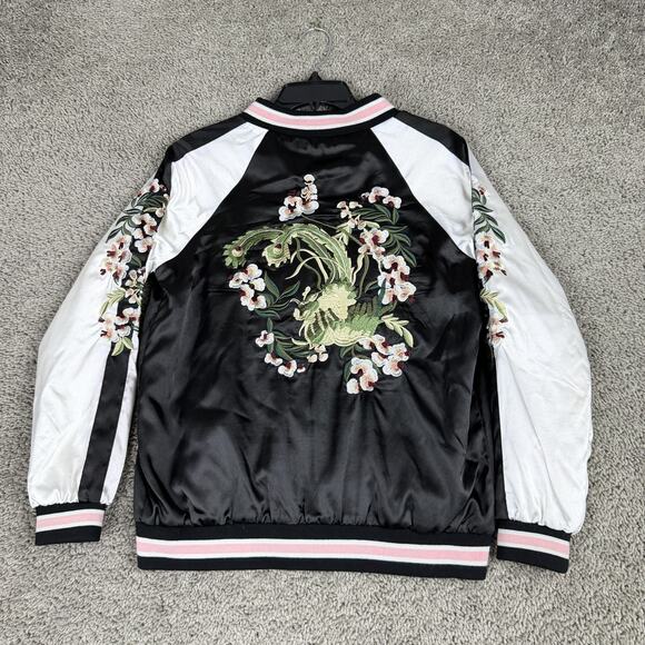 ZAFSIBLINGS Jacket Womens Small Black Pink Reversible Satin Bomber Floral - Picture 6 of 16
